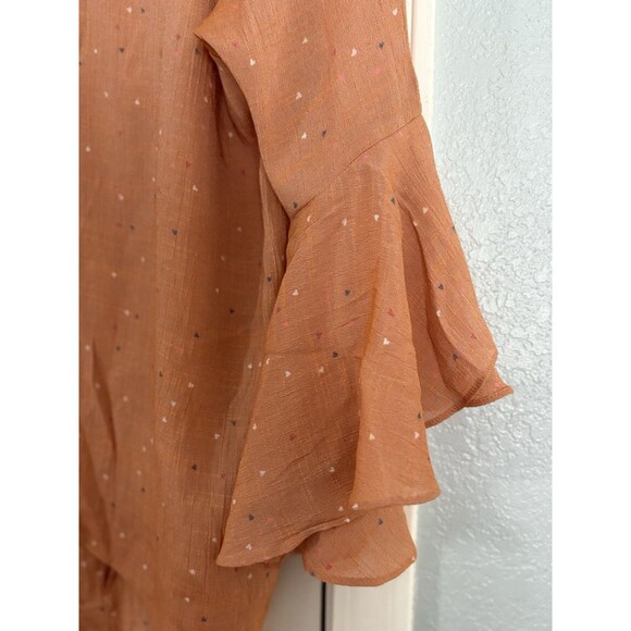 LC Lauren Conrad Blouse Top Large Orange Hearts Long Bell Sleeves Open Back - Picture 4 of 6